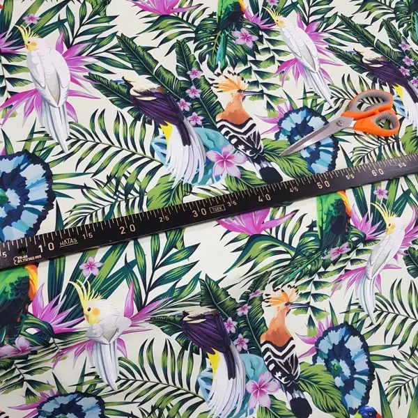 Papağan Ve Tropikal Desenli Fon Perde Evm1093 Kumaşı Kalındır Duck Bezi Değildir- Yeşil-Beyaz