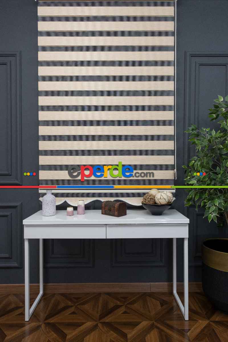 110x200 Hazır Koyu Krem Bambu Zebra Perde
