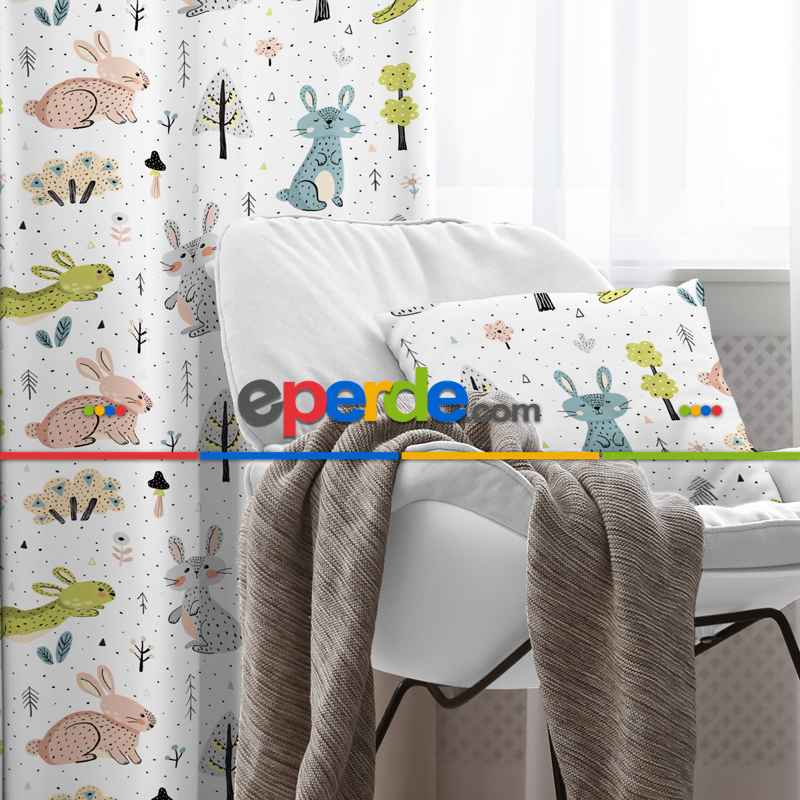 Hayvan Desenli Fon Perde Evim822 Kumaşı Kalındır Duck Bezi Değildir- Mavi-beyaz