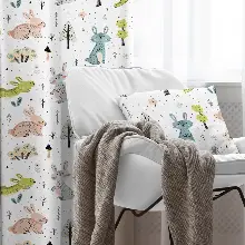 Kız, Erkek, Çocuk ve Bebek Odası Fon Perde - Orman ve Tavşan Desenli - Yavruağzı Gri Mavi Yeşil