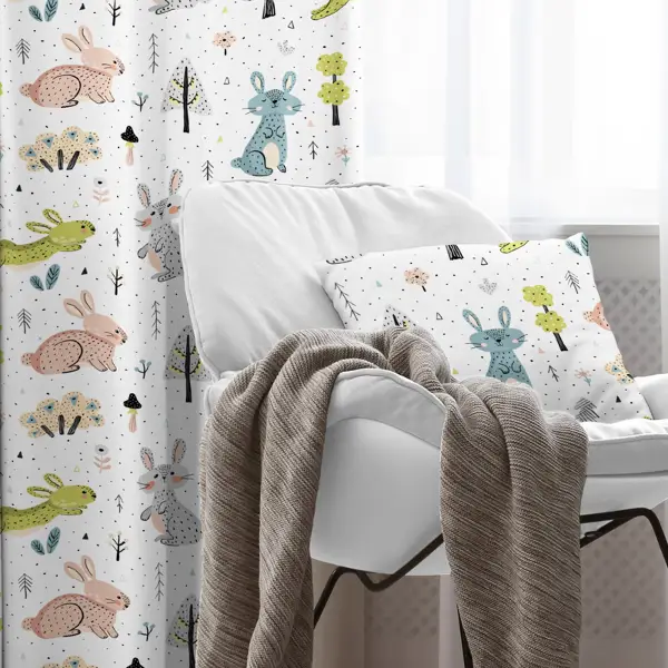Kız, Erkek, Çocuk ve Bebek Odası Fon Perde - Orman ve Tavşan Desenli - Yavruağzı Gri Mavi Yeşil