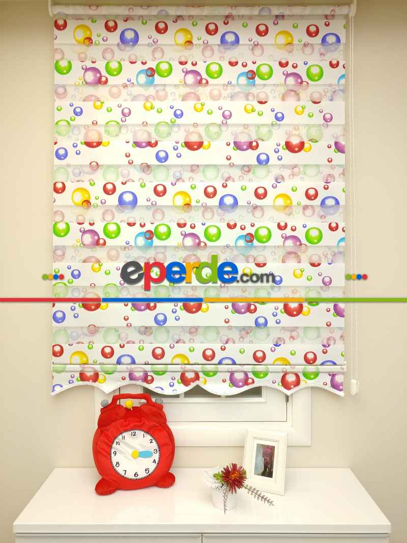 Bebek Odası Zebra Perde - Zebra Perde - Baloncuk Baskılı-  Çok Renkli 3