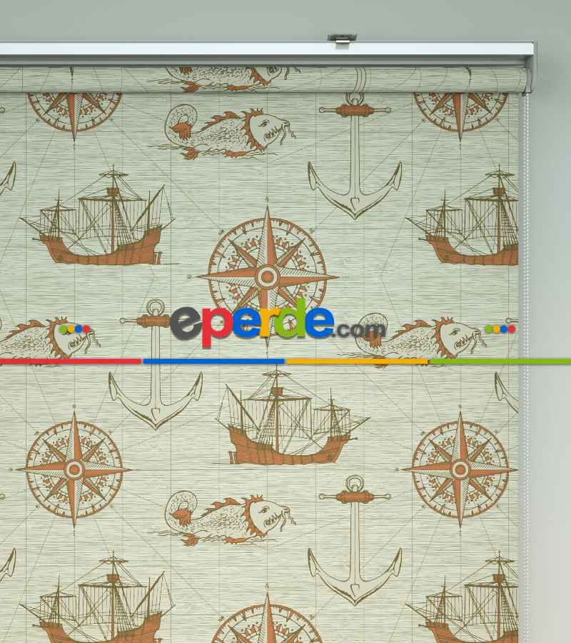 Denizci Desenli Baskılı Stor Perde- Turuncu-çok Renkli