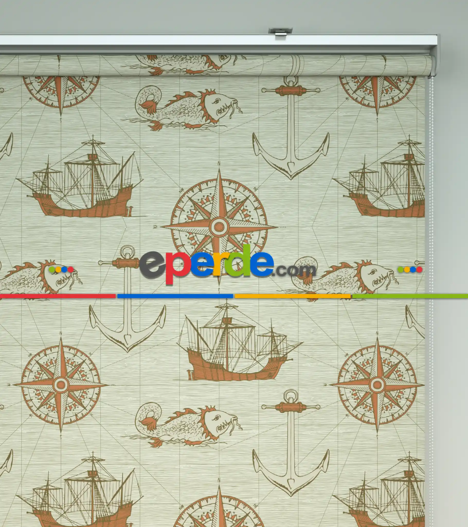 Denizci Desenli Baskılı Stor Perde- Turuncu-çok Renkli