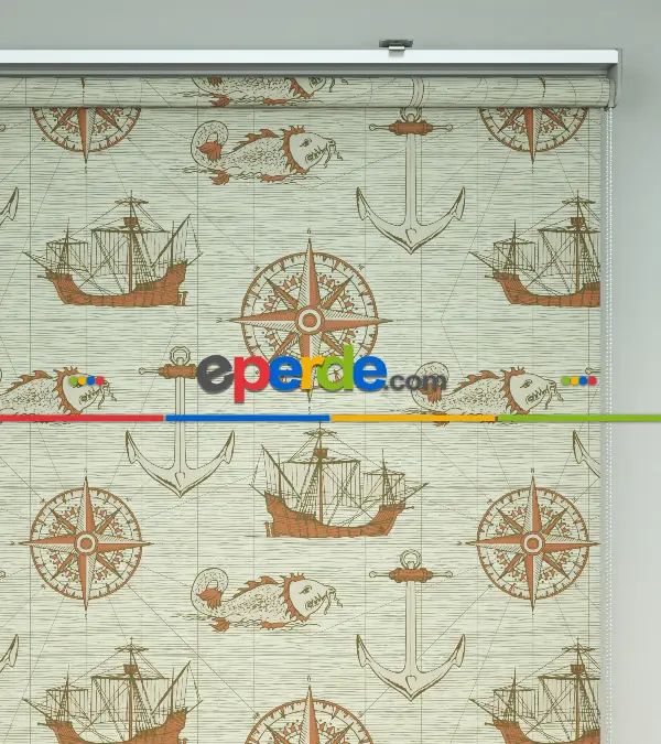 Denizci Desenli Baskılı Stor Perde- Turuncu-çok Renkli