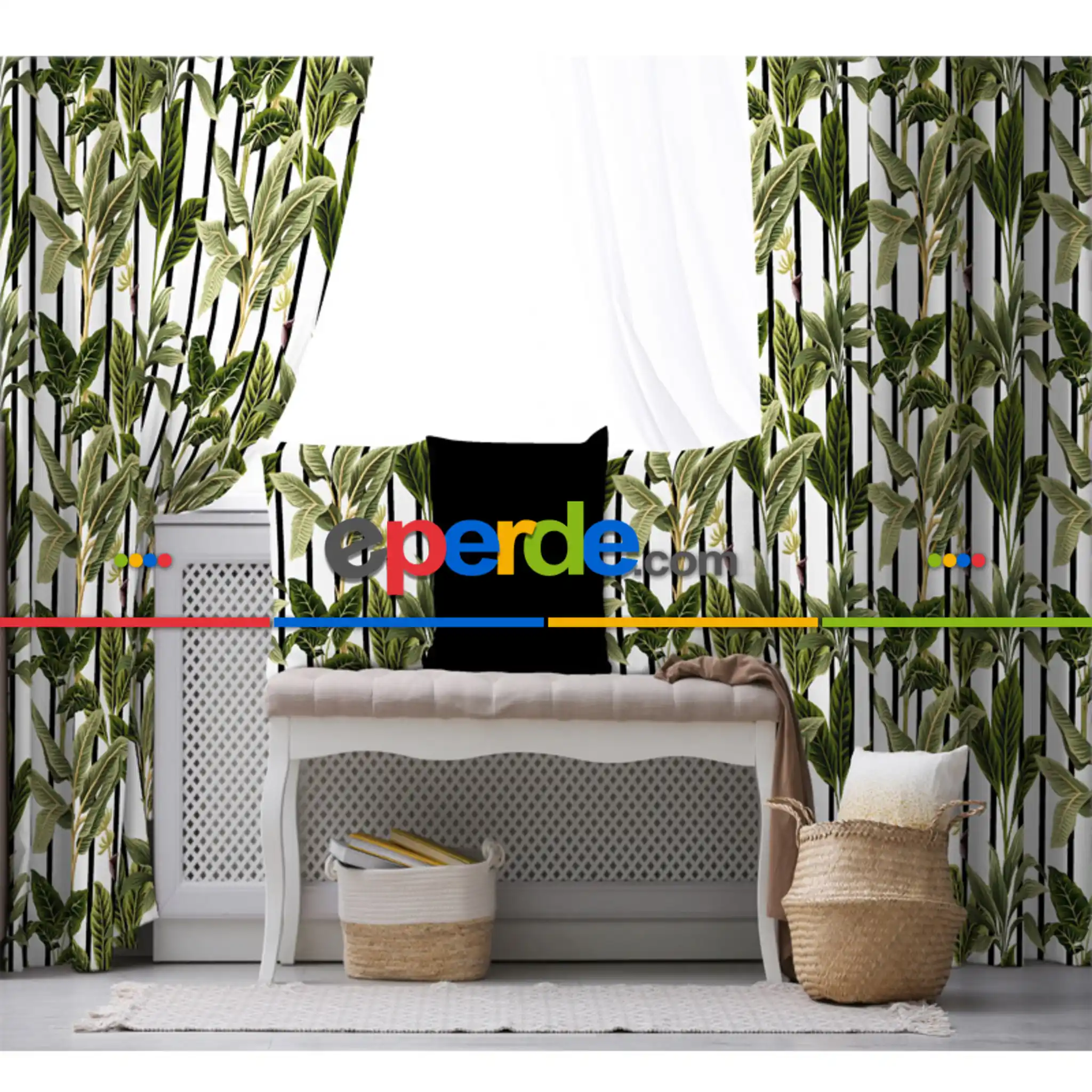 Yaprak Desenli Fon Perde Evim1571 Kumaşı Kalındır Duck Bezi Değildir- Mavi-beyaz