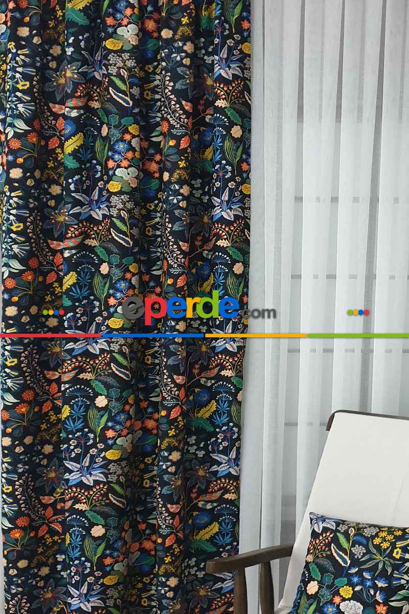 Mavi Çiçek Desenli Fon Perde Evm624 Kumaşı Kalındır Duck Bezi Değildir- Siyah-Mavi-Beyaz-Çok Renkli
