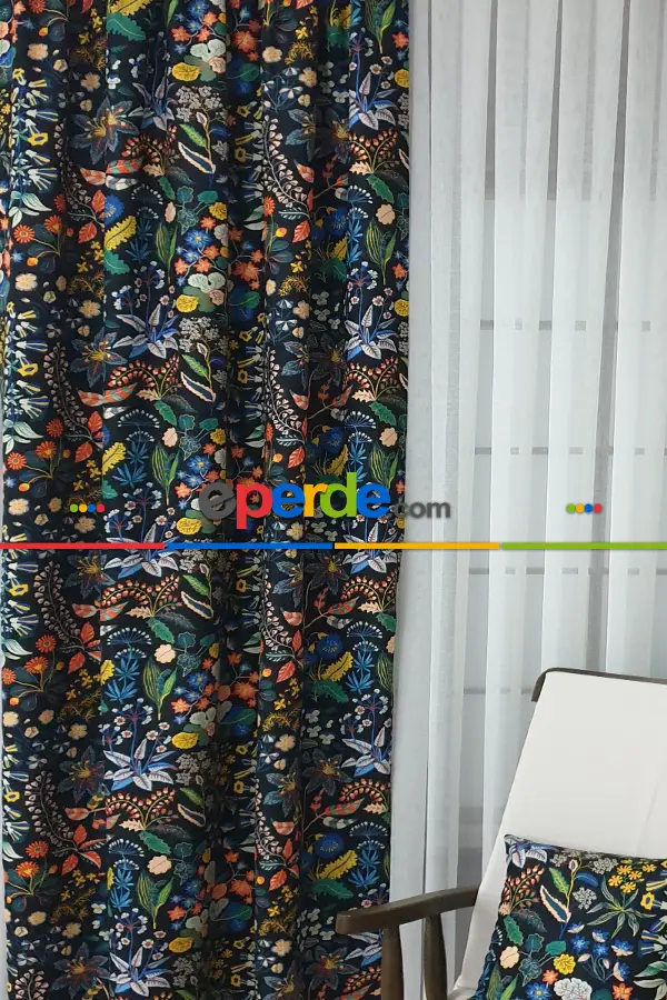 Mavi Çiçek Desenli Fon Perde Evm624 Kumaşı Kalındır Duck Bezi Değildir- Siyah-Mavi-Beyaz-Çok Renkli