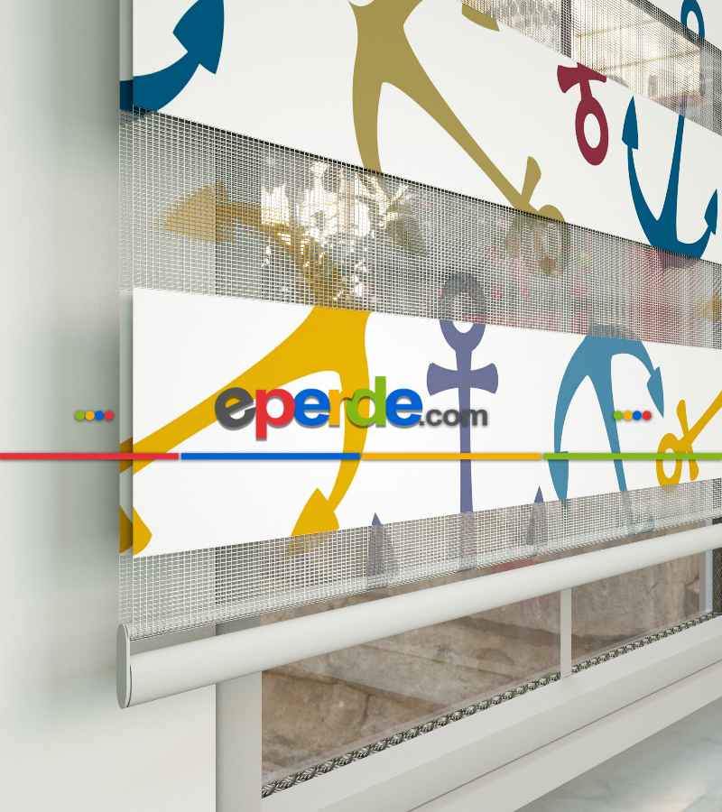 Genç Odası - Renkli Çapa Baskılı Zebra Perde- Mavi-sarı-beyaz-turkuaz