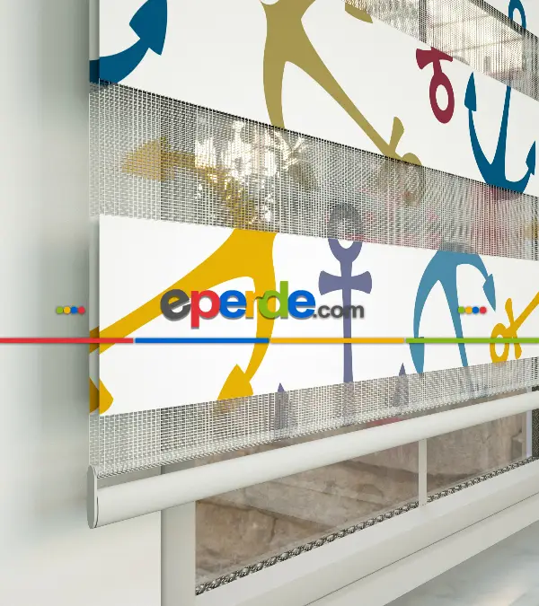 Çocuk Odası Zebra Perde - Renkli Çapa Baskılı Zebra Perde- Mavi-Sarı-Beyaz-Turkuaz