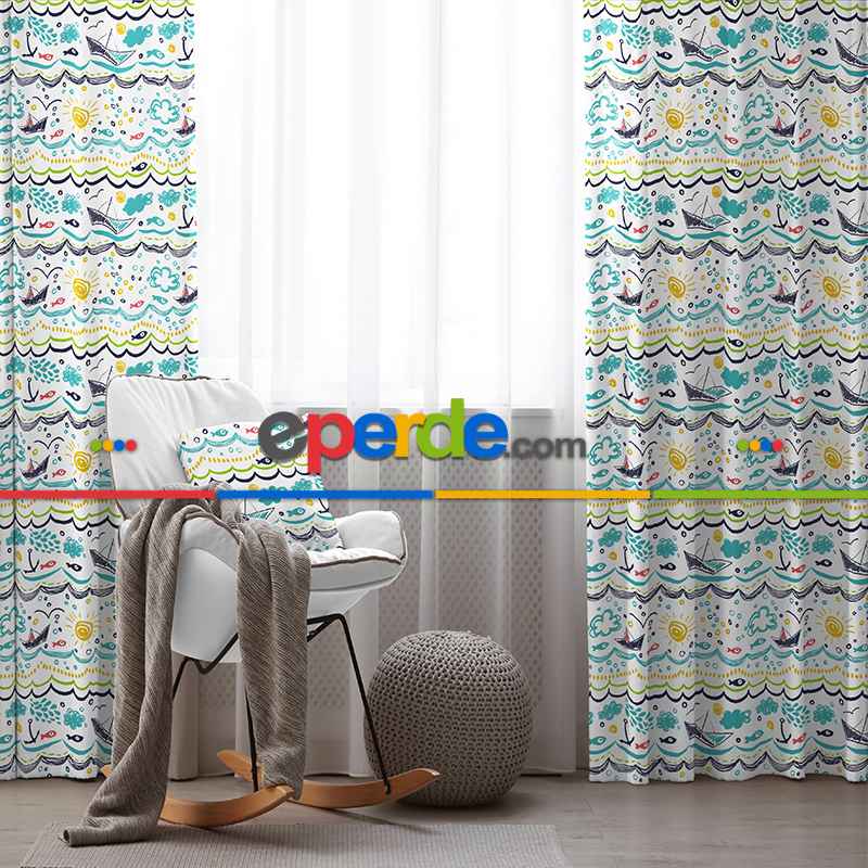 Çocuk Desenli Fon Perde Evim855 Kumaşı Kalındır Duck Bezi Değildir- Mavi-beyaz