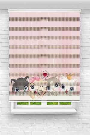 Kız, Çocuk ve Bebek Odası Zebra Perde - Gri Pembe - Sevimli Kedicikler Desenli