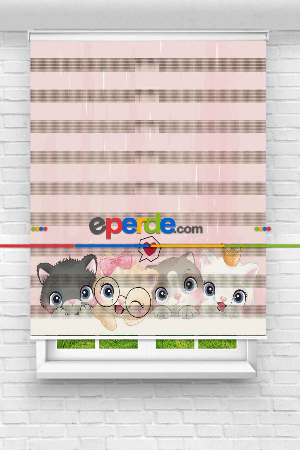 Kız, Çocuk ve Bebek Odası Zebra Perde - Gri Pembe - Sevimli Kedicikler Desenli