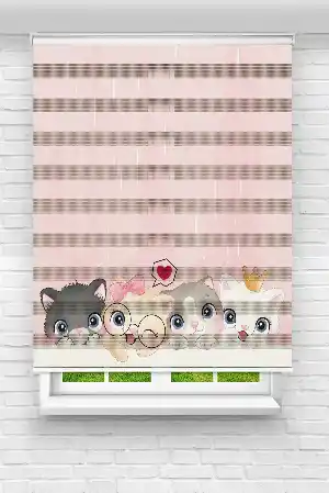 Kız, Çocuk ve Bebek Odası Zebra Perde - Gri Pembe - Sevimli Kedicikler Desenli