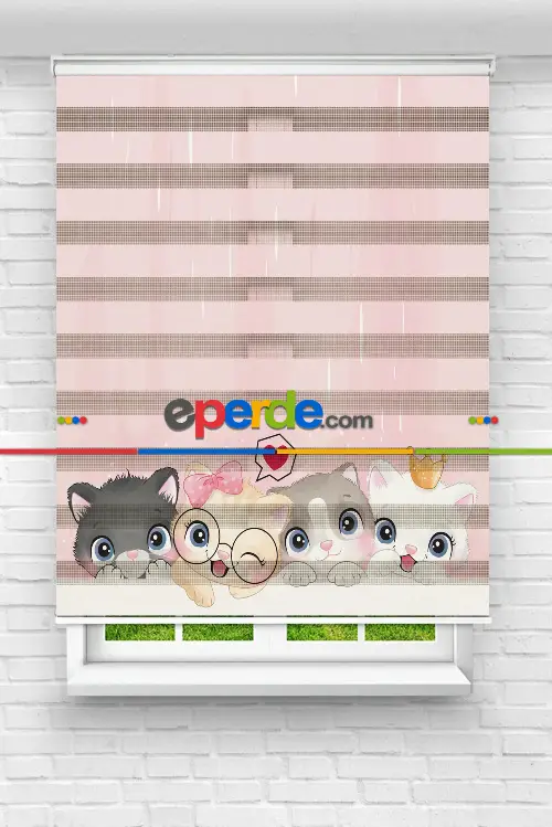 Kız, Çocuk ve Bebek Odası Zebra Perde - Gri Pembe - Sevimli Kedicikler Desenli