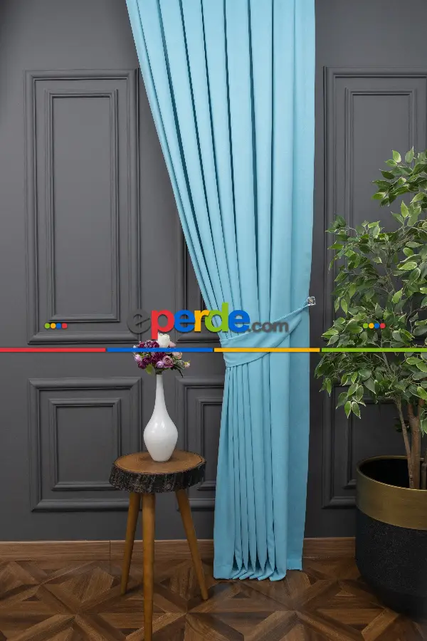 Salon - Turkuaz Rengi Düz Fon Perde En  Dökümlü Fon Perde 07