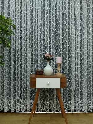 Brode İşlemeli Nakışlı Tül Perde Balık Ağı Desen- Ekru