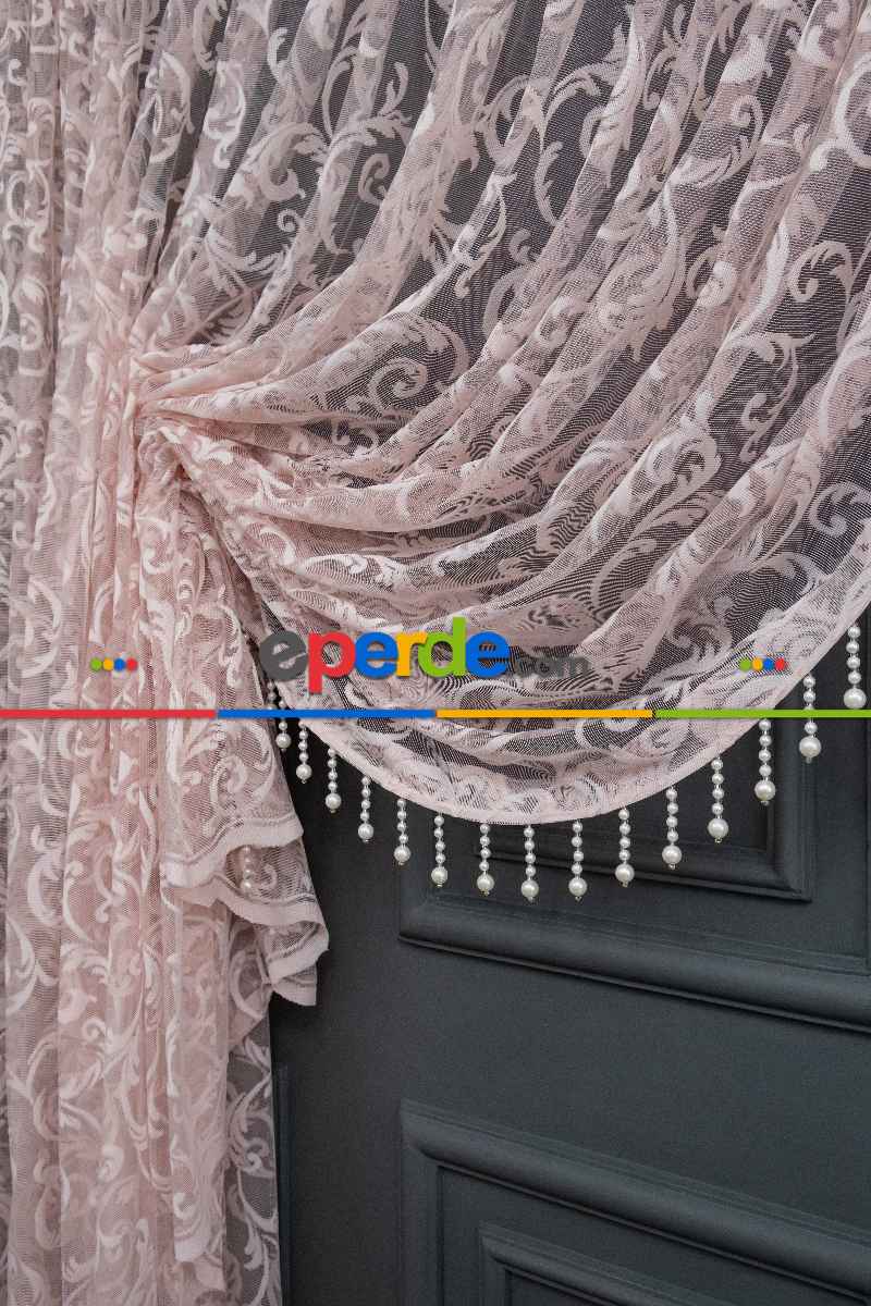 Pudra Pembe Sarmaşık Desen Şal Model Tül Kruvaze Yanki Tül