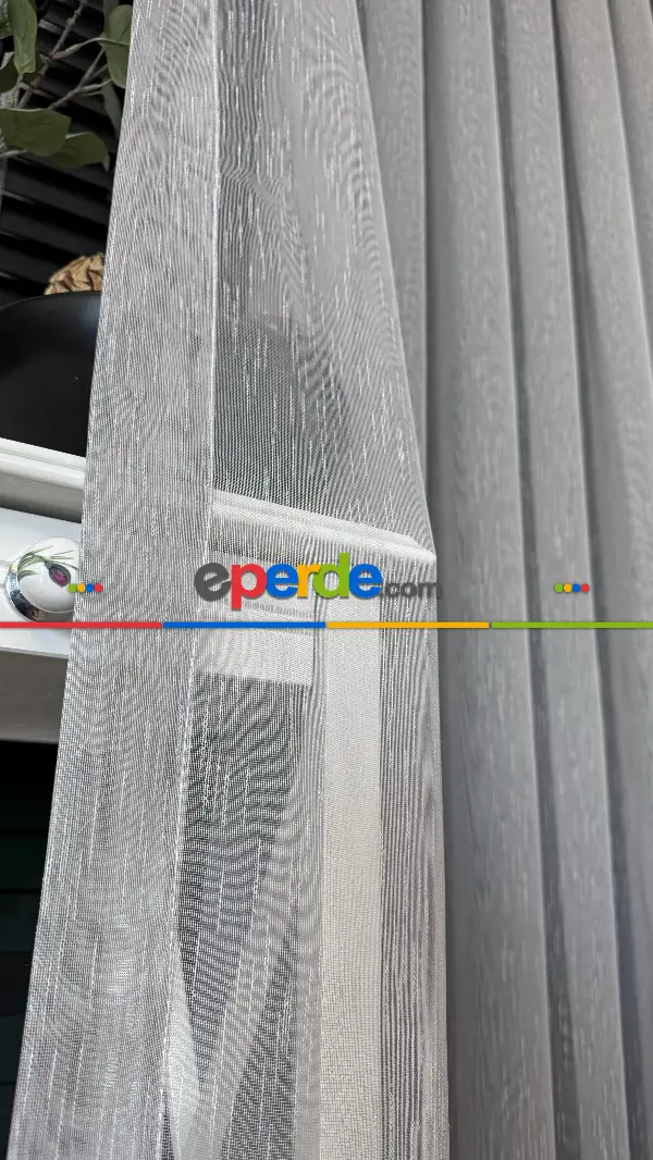 Bebek Odası Tül Perde - Açık Gri Çizgili Naturel Keten Düz Tül Perde - Premium Kalite Serisidir, Eteği Kurşunlu Tül