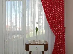 Kırmızı- Beyaz Yıldız Desenli Fon Perde ( Leke Tutmaz )- Kırmızı