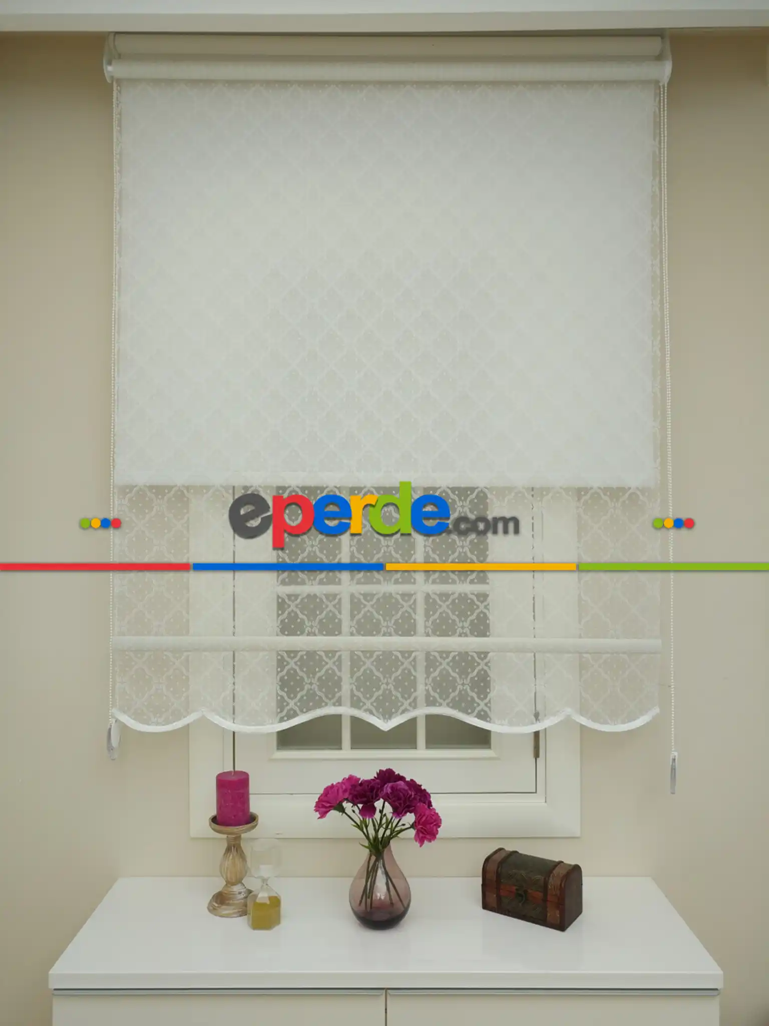 Yatak Odası - Jakar Örme Tül- Ekru Çiftli Sistem Dantel Desenli Perde- Ekru