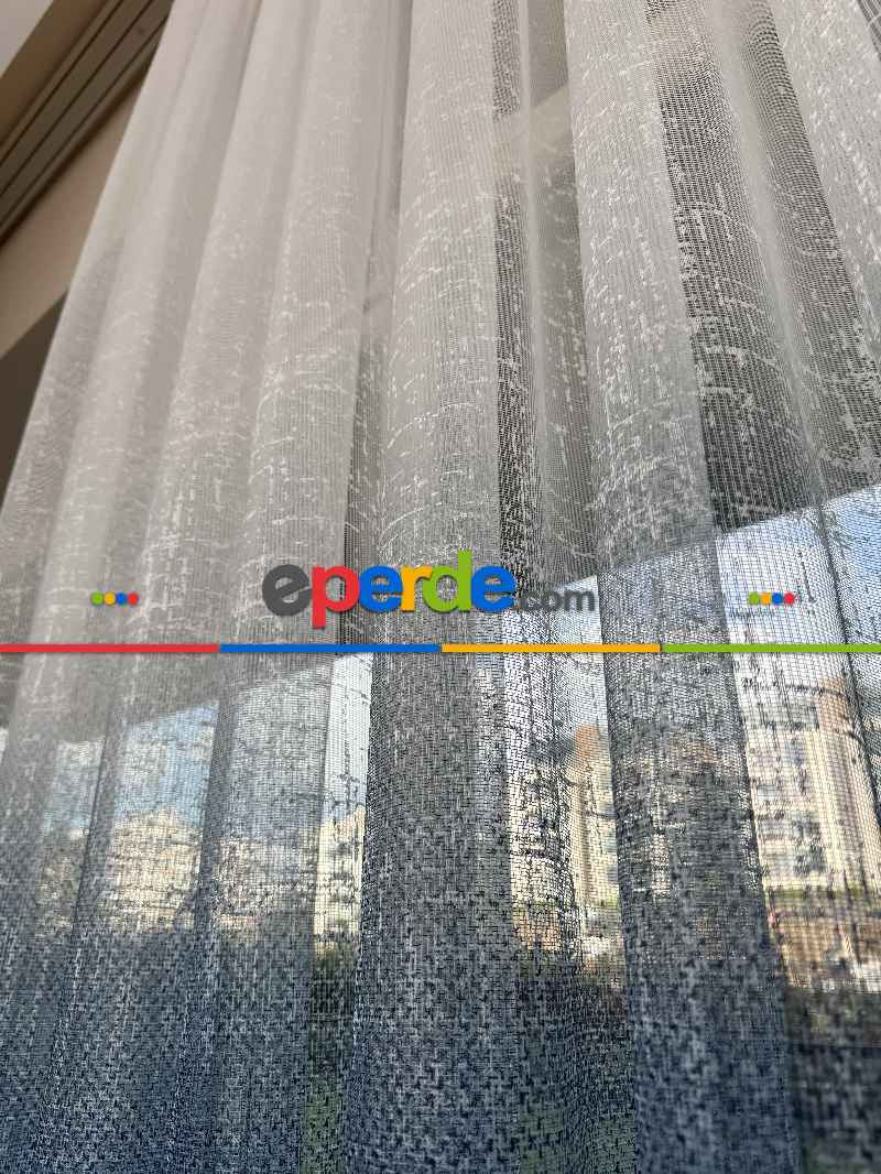 Mavi Degrade Geçişli Tül Perde, Fransız Örme Tül