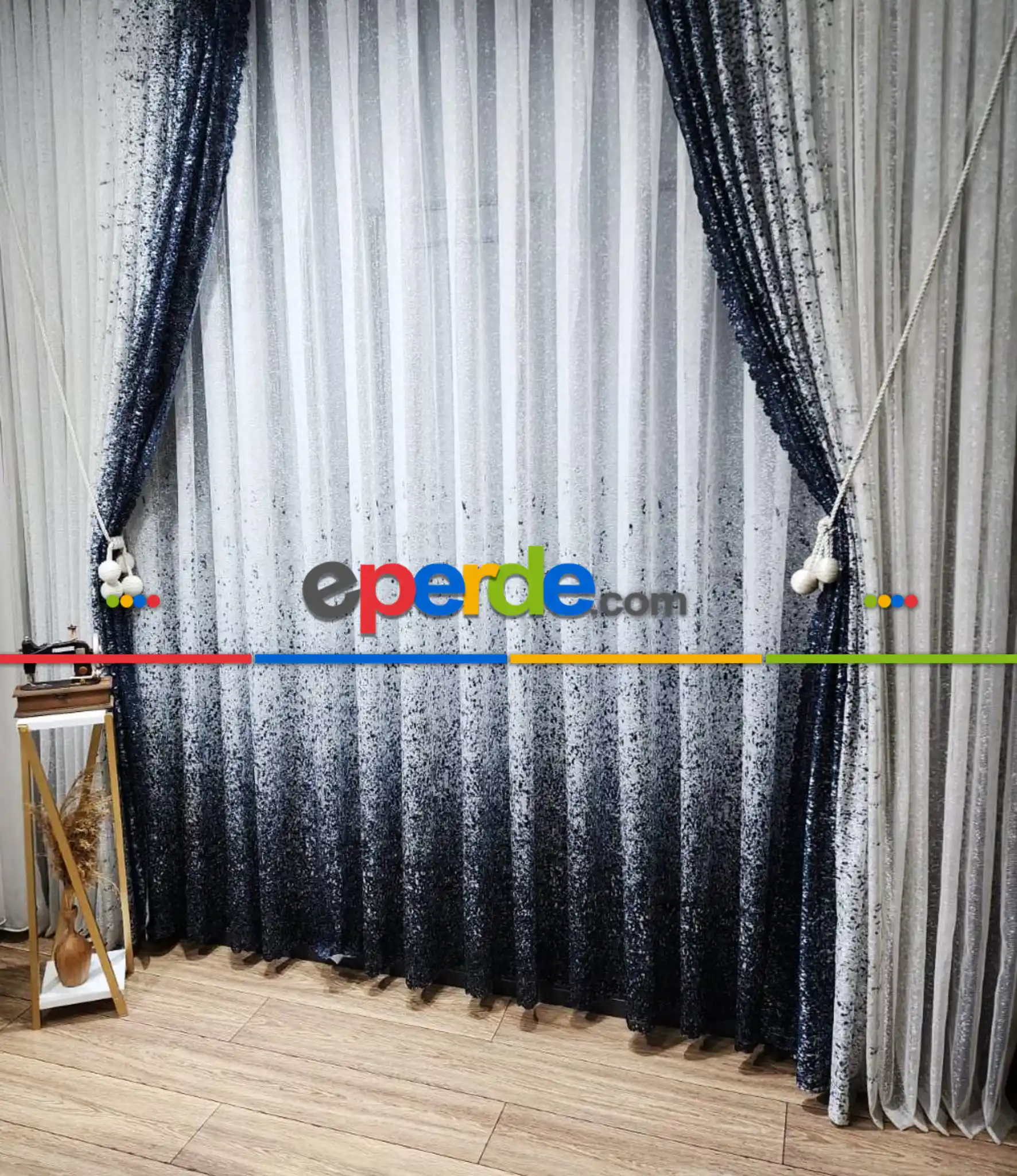 Lacivert Püskürtme Tül Fon Perde