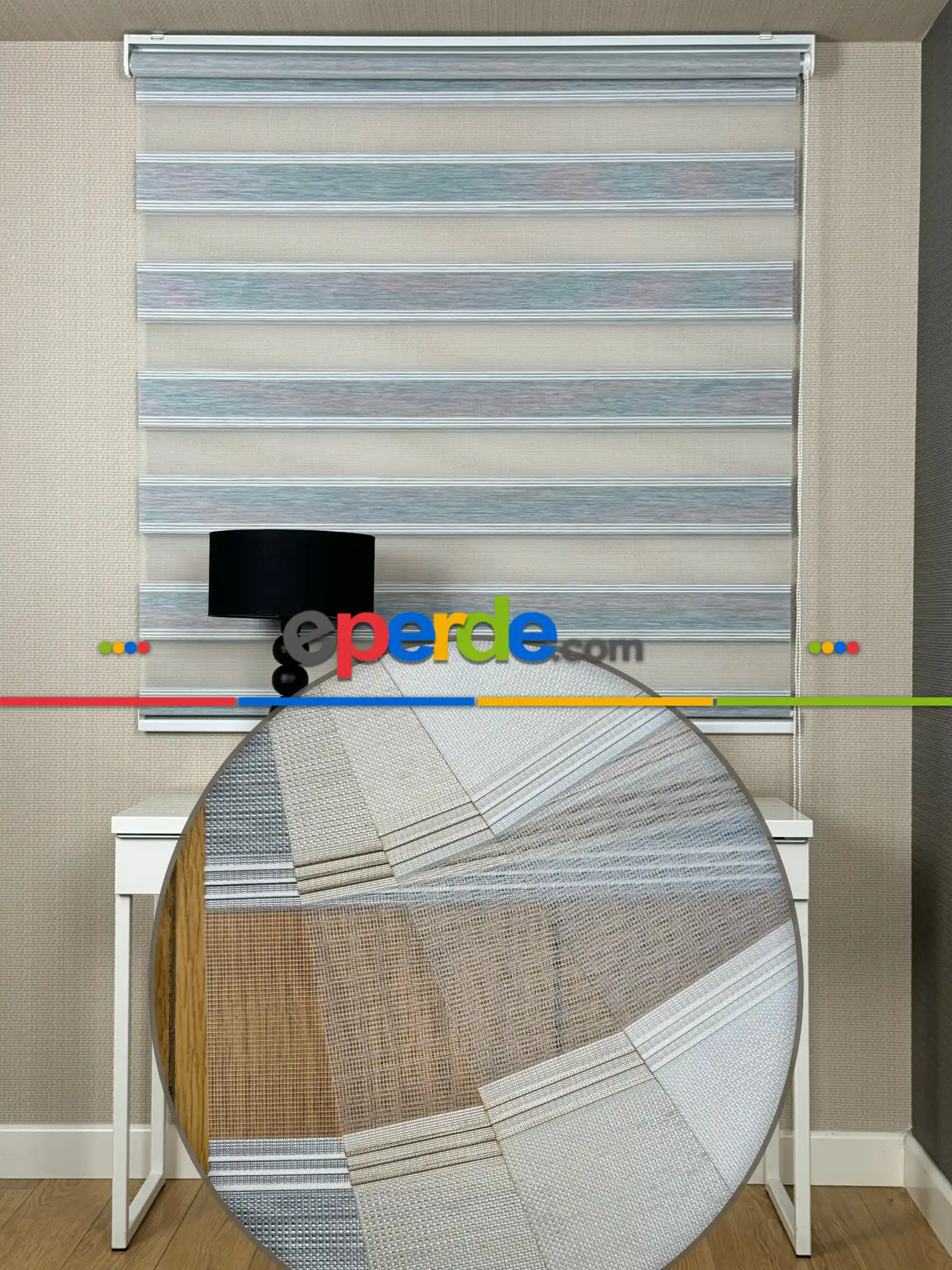 Yatak Odası Gri Ekru Yarım Pliseli Bambu Zebra Perde, Standart Metal Kasalı Yüksek Kalite Kornişe Kolay Montaj Seçenekli