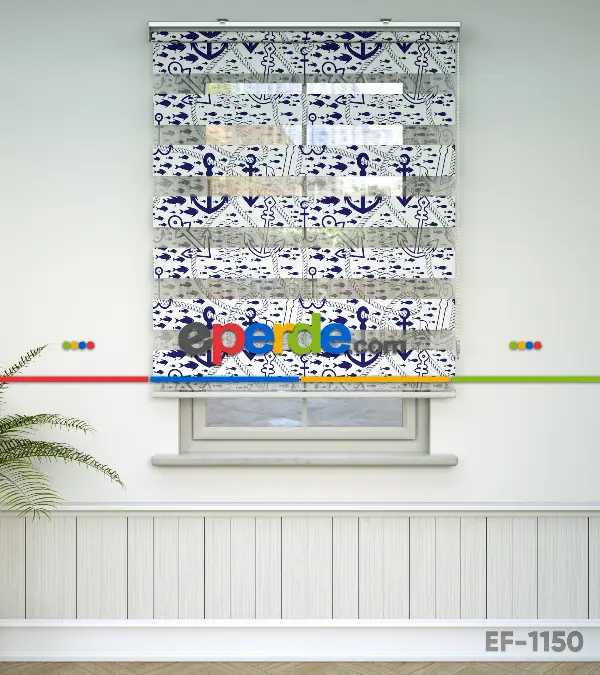 Çapa Baskılı Zebra Perde- Mavi-beyaz