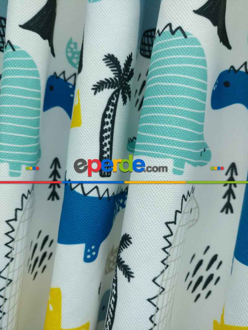 Erkek Çocuk ve Bebek Odası Fon Perde - Dinazor Desenli - Mavi Sarı