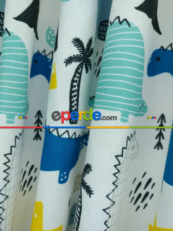 Bebek Odası Fon - Dinazor Desenli Fon Perde Evm499 Kumaşı Kalındır Duck Bezi Değildir- Mavi-Sarı