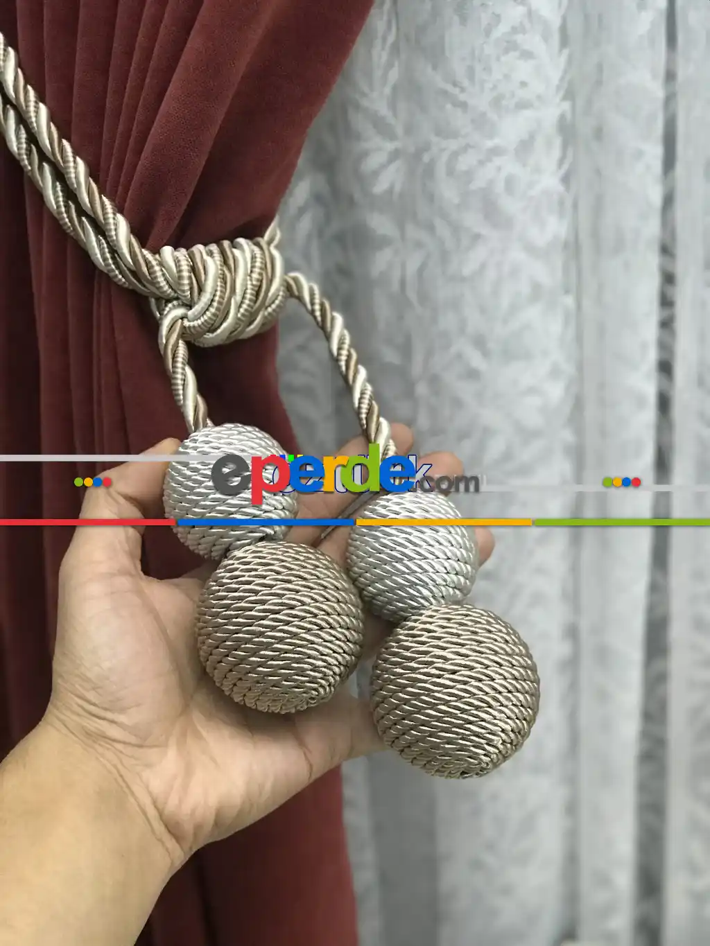 Kordon Sarım Özel Fon Perde Bağı Çift Toplu Vizon Krem- Krem Açık-vizon Rengi
