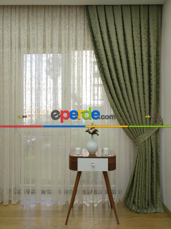 Yağ Yeşili Duz Jakar Fon Perde (150)- Yeşil-yağ Rengi