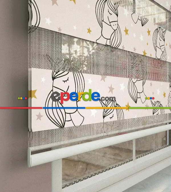 Unicorn Desenli Baskılı Zebra Perde- Çok Renkli
