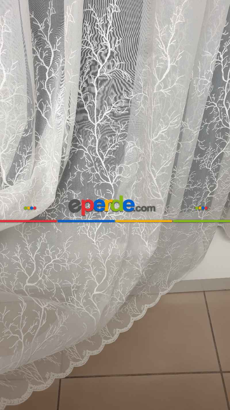 Salon - Selvi İşlemeli Tül Perde- Beyaz