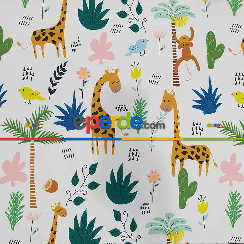 Zürafa Ve Maymun Desenli Fon Perde Evm1088-3 Kumaşı Kalındır Duck Bezi Değildir- Siyah