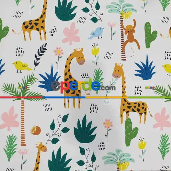 Bebek Odası Fon - Zürafa Ve Maymun Desenli Fon Perde Evm1088-3 Kumaşı Kalındır Duck Bezi Değildir- Siyah