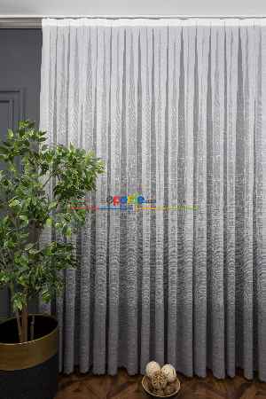 Fırsat Ürünü!! Hazır Ölçülü Gri Modern Çizgili Örme Tül - Eteği Açık Gri Üstü Ekru Renk ( Degrade Geçişli )