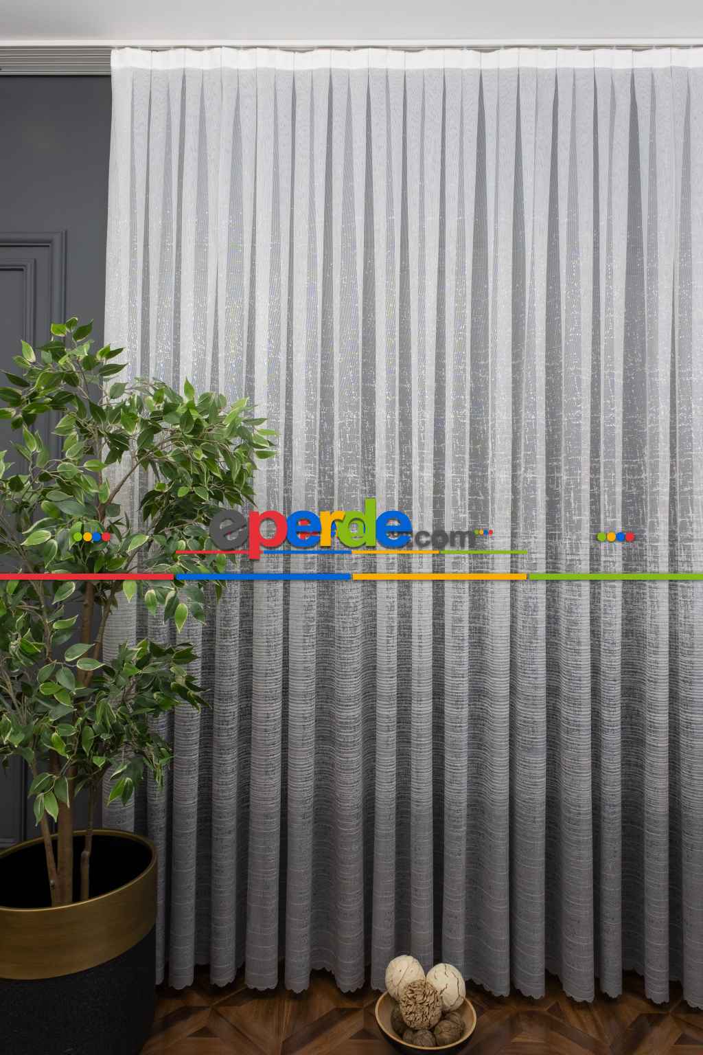 Fırsat Ürünü!! Hazır Ölçülü Gri Modern Çizgili Örme Tül - Eteği Açık Gri Üstü Ekru Renk ( Degrade Geçişli )