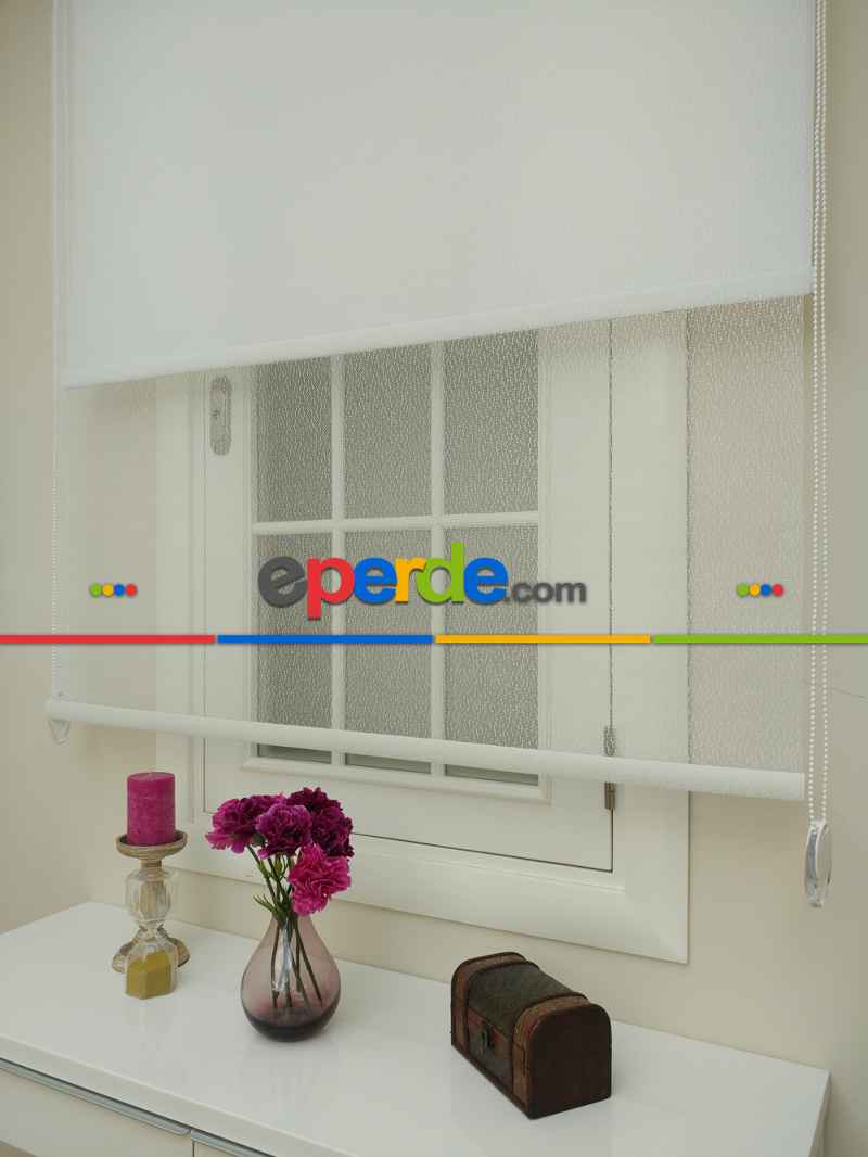 Jakar Örme Tül- Ekru Çiftli Sistem Dantel Desenli Perde- Ekru