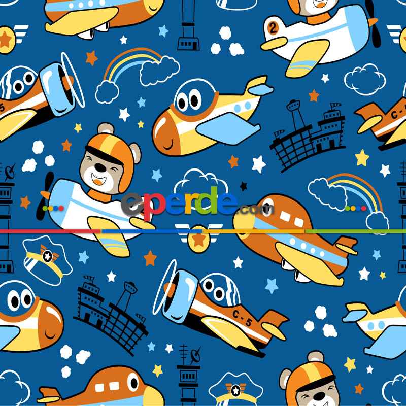 Uçak Desenli Fon Perde Evm839 Kumaşı Kalındır Duck Bezi Değildir- Mavi-Sarı-Beyaz