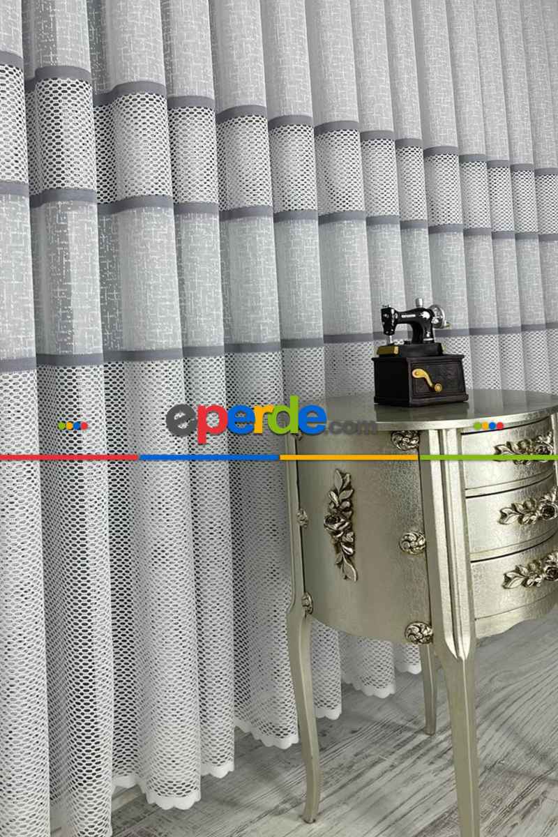 Salon - Aplik Jakar Eteği Bordürlü Tül Perde Tek Kanat - Ekru/gri