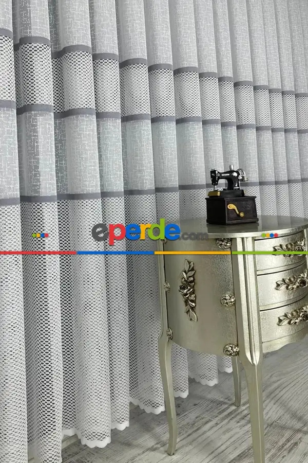 Salon - Aplik Jakar Eteği Bordürlü Tül Perde Tek Kanat - Ekru/gri