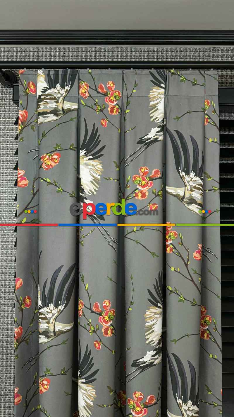 Genç Odası Antrasit Gri Çiçek Kuş Desenli İthal Kadife Fon Perde - Premium Kalite Serisi Ağır Gramajlı
