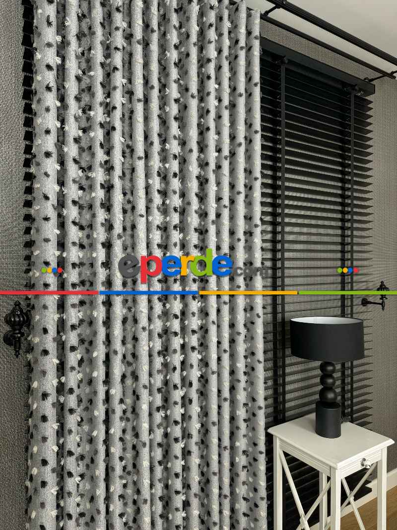 Yatak Odası - Gri Ponponlu Jakar Dokuma, Premium Kalite Serisi Fon Perde