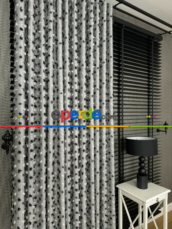 Yatak Odası - Gri Ponponlu Jakar Dokuma, Premium Kalite Serisi Fon Perde