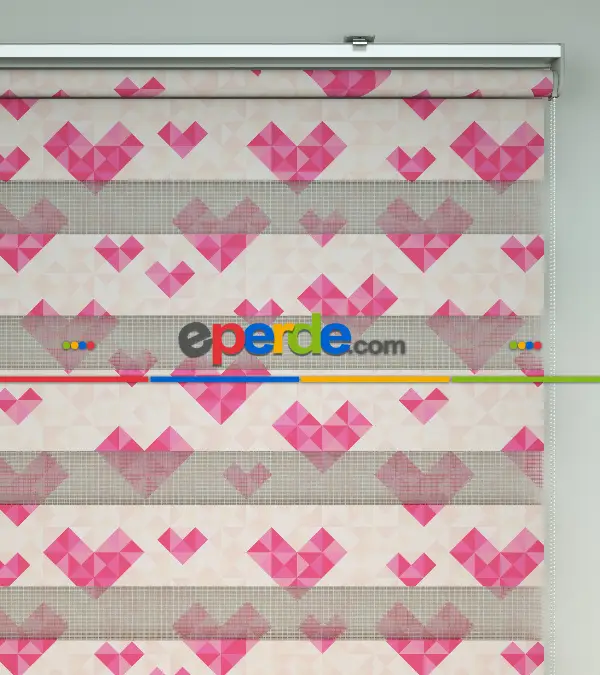 Çocuk Odası Zebra - Kalp Desenli Baskılı Zebra Perde- Pembe