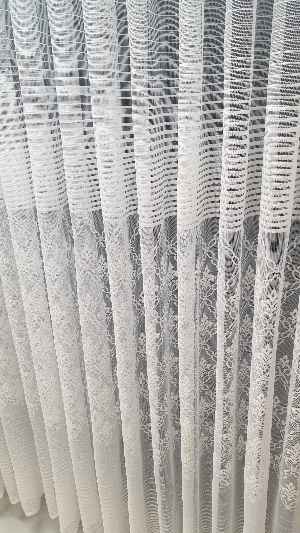 Salon Çiçek Çizgi Örme Tül Perde- Ekru