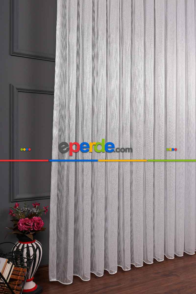 İnce Çizgili Gümüş Simli Armür Tül Perde Grz 2124