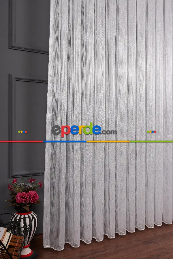 İnce Çizgili Gümüş Simli Armür Tül Perde Grz 2124
